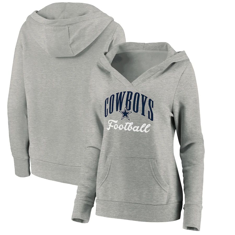 Women Dallas Cowboys Fanatics Branded Heathered Gray Victory Script V-Neck Pullover Hoodie->women nfl jersey->Women Jersey